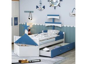 8481280143595 - Okwish - Kinderbett aus Holz 90200 cm Segelbootform mit 2 Schubladen Stauraum am Ende des Bettes Einzelbett Kinderbett blau