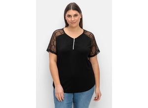 8680851163691 - Große Größen Shirt mit Zipper und Ärmeln aus Spitze schwarz Gr50