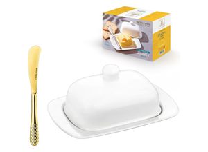8682455438113 - Wilmax Butterdose Weiß mit goldenem Messer – Porzellan-Butterschale