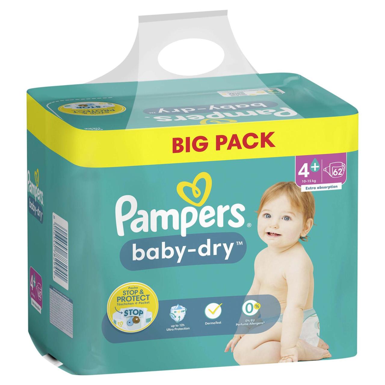 8700216334884 - Pampers® Windeln baby-dry™ BIG PACK Größe Gr4+ (10-15 kg) für Babys und Kleinkinder (4-18 Monate) 62 St