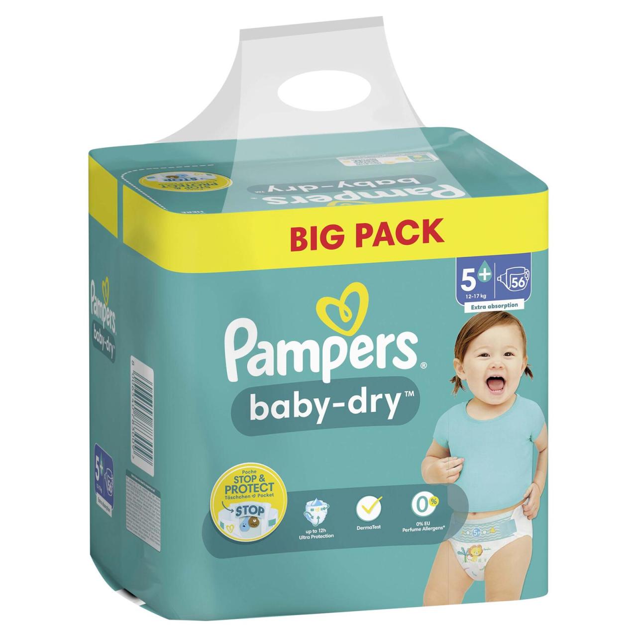 8700216334914 - Pampers® Windeln baby-dry™ BIG PACK Größe Gr5+ (12-17 kg) für Babys und Kleinkinder (4-18 Monate) 56 St