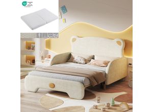 8701280137616 - Mit Matratze) Bärenförmiges Doppelbett Polsterbett Kinderbett Chaiselongue Rollbett mit weichen Schutzkanten Holzlatten Samt Beige (140x110cm