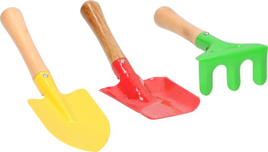 8711252015712 - Garden Kinder-Gartengeräte-Set - 3-teilig - Handharke und zwei Schaufeln - Langlebiges Material - Gelb Rot Grün