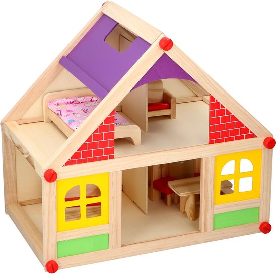 8711252168746 - Holzspielzeug Holzpuppenhaus inkl Möbel und Puppen - 11-teiliges Kinderspielzeug-Set