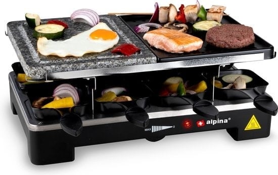 8711252182254 - alpina Elektrogrill WJ-K202A - Tischgrill Elektrisch 1200W - Raclette 8 Personen mit 2 Lagen - mit 8 Pfannen und 8 Spachteln - Antihaftbeschichtung - 3-in-1 Pfannen Backblech und Steingrill - Schwarz