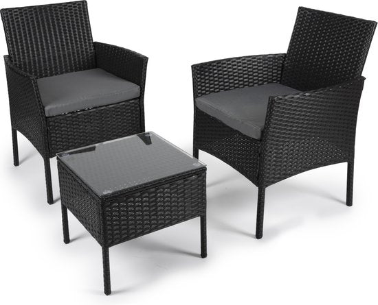 8711252194981 - Gartenset - Lisbon Lounge Set - 3 Stück - Gartenstühle und Beistelltisch - Rattan - Schwarz - Garten Balkon und Terrasse