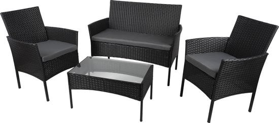 8711252194998 - Gartenset - Berlin Lounge Set - 4 Teile - Gartenstühle Liegestuhl und Tisch - Rattan - Schwarz - Garten Balkon und Terrasse