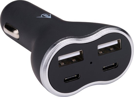 8711252242187 - Car Charger USB - 2x USB-A und 2x USB-C Anschluss - Power Delivery  Fast Charge 18W - Anschluss an Zigarettenanzünder Auto - Kunststoff - Schwarz