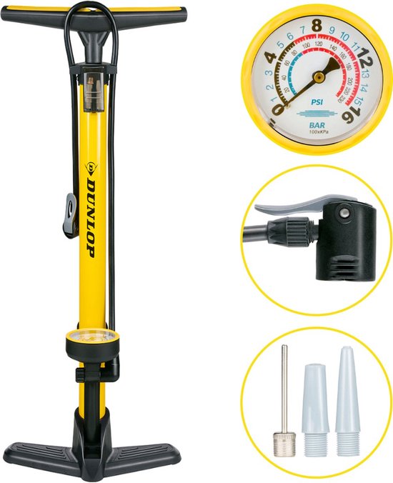 8711252255255 - Fahrradpumpe mit Manometer - Fahrradpumpe für Dunlop Schrader und französische Ventile - Standpumpe inkl Adapter für Wasserspielzeug und Bälle