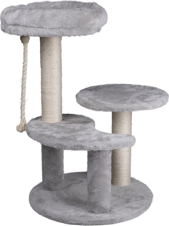 8711252270104 - Pet Krabpaal - Katzenkratzbaum - Katzenspielzeug - 62 CM - 3 Plattformen - Spielseil - Sisal - Grau