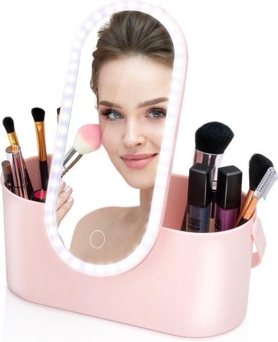 8711252495279 - Touch Of Beauty Make Up Organizer mit LED-Spiegel - Travel Beautycase - 241 x 104 x 117CM - Einstellbare LED-Beleuchtung - Inkl USB-Ladekabel - Kunststoff - Pink