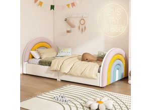 8711277630532 - Okwish - Kinderbett 90200cm gepolstertes Bett Regenbogenform klappbarer Lattenrost großer Stauraum Regenbogenfarbe