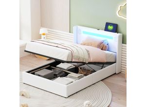 8711280143364 - Gepolstertes Kinderbett 90x200 mit LED-Lichtleiste Bluetooth-Player und USB-Aufladung PU-Lederbett mit Stauraum Hochbett mit Stauraum Jugendbett