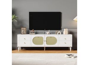 8711280764989 - Eleganter Rattan-TV-Schrank 180x40x565 cm – mit 4 Schubladen 2 Rattan-Türen höhenverstellbaren Beinen und Kabelmanagement für Fernseher bis 80