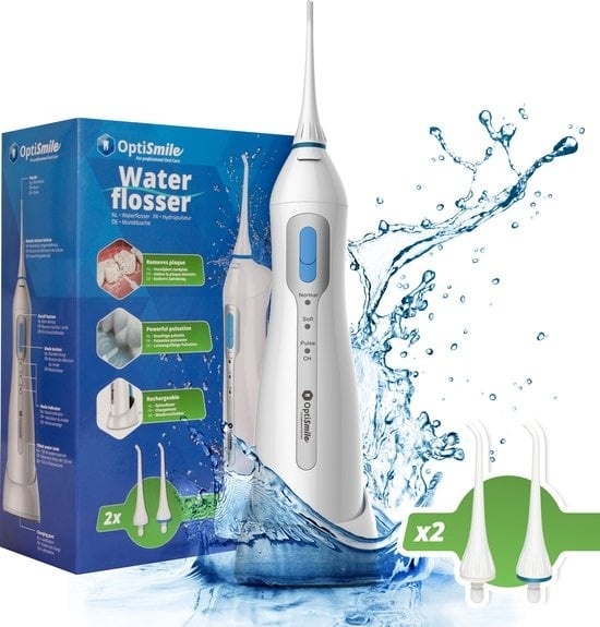 8711568011224 - Optismile Water Flosser - Elektrische Munddusche - Kabellos und wiederaufladbar - Inkl 2 Aufsätze