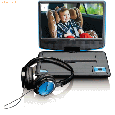 8711902037873 - DVP-910BU - 9 Zoll tragbarer DVD-Spieler mit Kopfhörer und Kopfstützenbefestigung - integrierter Akku - USB-Eingang - Blau Schwarz