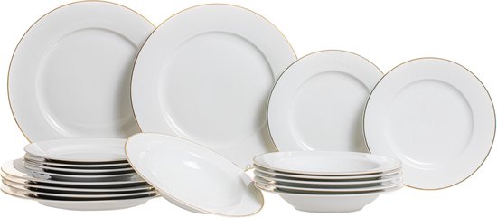 8712442686644 - Geschirrset Weiß   Gold - 18-teilig   6 Personen - 6 Essteller 6 tiefe Teller und 6 Frühstücksteller