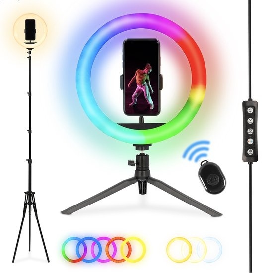 8712837880497 - RLIGHTX10 Ringlampe mit Stativ Smartphone - Ringlicht 10 Zoll - 99+ Farben und Effekte - Fernbedienung - Verstellbares Stativ bis zu 2 Meter - TikTok Selfie Lampe