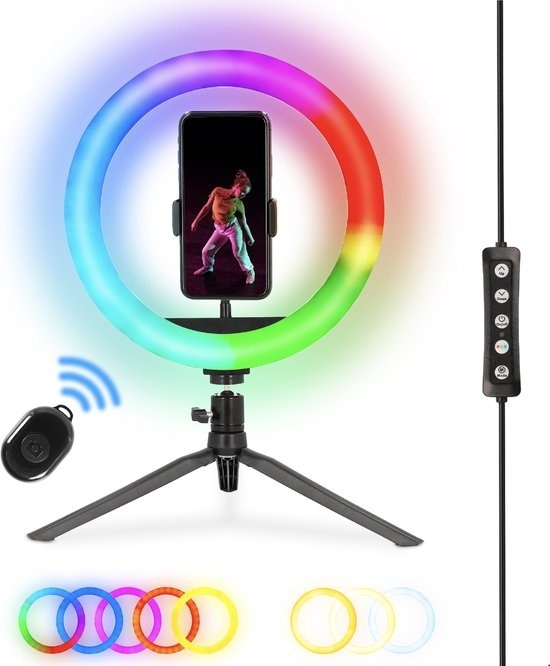 8712837882460 - RLIGHTXMINI Ringleuchte mit Stativ Stativ Smartphone - Ringleuchte - 10 Zoll - 99+ RGB Farben und Effekte - Fernbedienung - TikTok Selfie Lampe