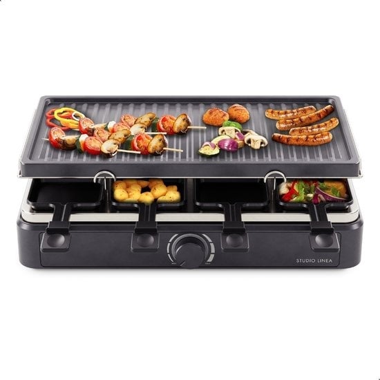 8712837882989 - Studio Linea SLGRILL30BK Gourmet-Set - 8 Personen - 1400 W - Gourmet-Pfännchen und Gourmet-Platte mit Antihaftbeschichtung - Raclette