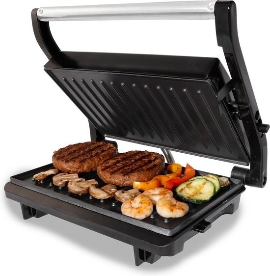 8712876500288 - TGC2001S - Kleiner Kontaktgrill - Griller - Sandwichmaker - Antihaftbeschichtung - Schwimmende Abdeckung - 750 Watt - Schwarz RVS