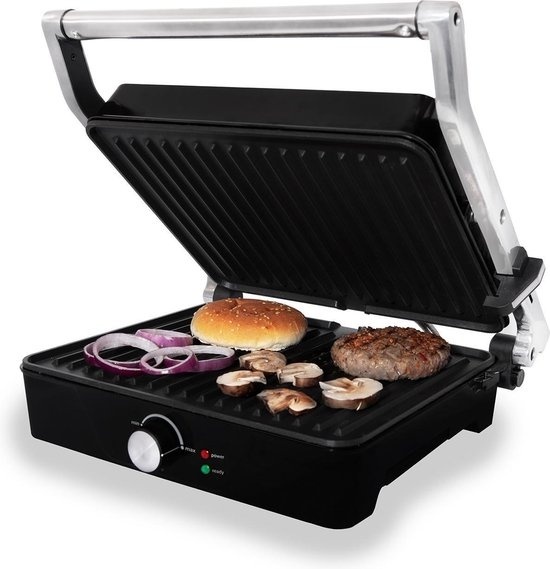 8712876500301 - TGC4001S - Großer Kontaktgrill - Einstellbare Temperatur - Grillgerät - Sandwichmaker - Antihaftbeschichtung - 2000 Watt - Schwarz RVS