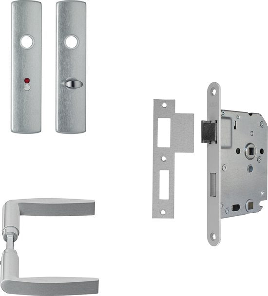 8713249306124 - AXA Innentürbeschlagset (Curve Click) Aluminium poliert Griff (Modell Curve) auf Schild für WC Bad TL63-8 und Schloss mit weißer Stulpe