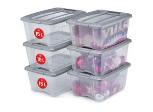 8716382192869 - Iris Ohyama - Aufbewahrungsboxen mit Deckel 15L 6er-Set Silber Sicherer Verschluss Stapelbar Griffe Schlafzimmer Schrank Büro Organisation