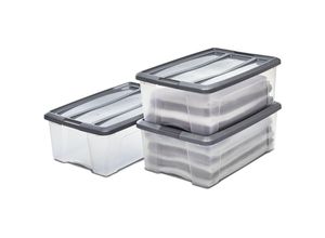 8716382192883 - Iris Ohyama - Aufbewahrungsboxen mit Deckel 30L 3er-Set Silber Sicherer Verschluss Stapelbar Griffe Schlafzimmer Schrank Büro Organisation