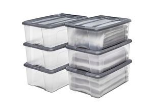 8716382192906 - Iris Ohyama - Aufbewahrungsboxen mit Deckel 30L 6er-Set Silber Sicherer Verschluss Stapelbar Griffe Schlafzimmer Schrank Büro Organisation