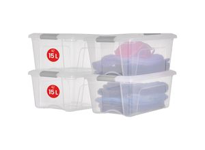 8716382216688 - Iris Ohyama - Aufbewahrungsboxen mit Deckel 15L 4er-Set Silber Sicherer Verschluss Stapelbar Griffe Schlafzimmer Schrank Büro Organisation