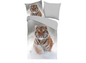 8717285142388 - Wendebettwäsche GOOD MORNING Snow Tiger Bettwäsche Gr B L 135 cm x 200 cm 1 St 1 St Biber B L 80 cm x 80 cm grau Biber 135x200 Winter Warm Weich Reißverschluss Wendeoptik Tiger