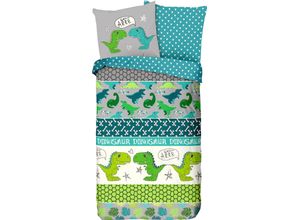 8717285165721 - Kinderbettwäsche GOOD MORNING Dinosaur Bettwäsche Gr B L 135 cm x 200 cm 1 St 1 St Renforcé B L 80 cm x 80 cm blau (grün multi blau grau) Baumwolle 135x200 Reißverschluss Wendeoptik Kind Junge Dino Grün