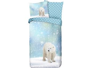 8717285176314 - Kinderbettwäsche GOOD MORNING Icebear Bettwäsche Gr B L 135 cm x 200 cm 1 St 1 St Flanell B L 80 cm x 80 cm blau (blau hellblau) Biber 135x200 Weich Warm Reißverschluss Wendeoptik Kind Winter