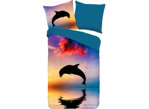 8717285185767 - Kinderbettwäsche GOOD MORNING Dolphin Bettwäsche Gr B L 135 cm x 200 cm 1 St 1 St Renforcé B L 80 cm x 80 cm bunt (multi petrol) 100% Baumwolle 135x200 Reißverschluss Wendeoptik Kind Delfin