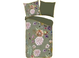 8717285188492 - Wendebettwäsche DESCANSO Parma Bettwäsche Gr B L 155 cm x 220 cm 1 St 1 St Satin (Bio-Baumwolle) B L 80 cm x 80 cm bunt (olive multi) Baumwolle Satin 135x200 Biese Reißverschluss Wendeoptik Blumen