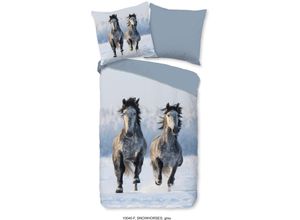 8717285212630 - Kinderbettwäsche GOOD MORNING Snowhorsesss Bettwäsche Gr B L 135 cm x 200 cm 1 St 1 St Flanell-Biber B L 80 cm x 80 cm grau Biber 135x200 Winter Warm Reißverschluss Wendeoptik Kind Pferde