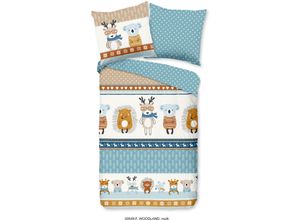 8717285213736 - Kinderbettwäsche GOOD MORNING Woodland Bettwäsche Gr B L 135 cm x 200 cm 1 St 1 St Flanell-Biber B L 80 cm x 80 cm blau (blau sand natur weiß) Biber 135x200 Warm Weich Wendeoptik Reißverschluss Tieren Kind