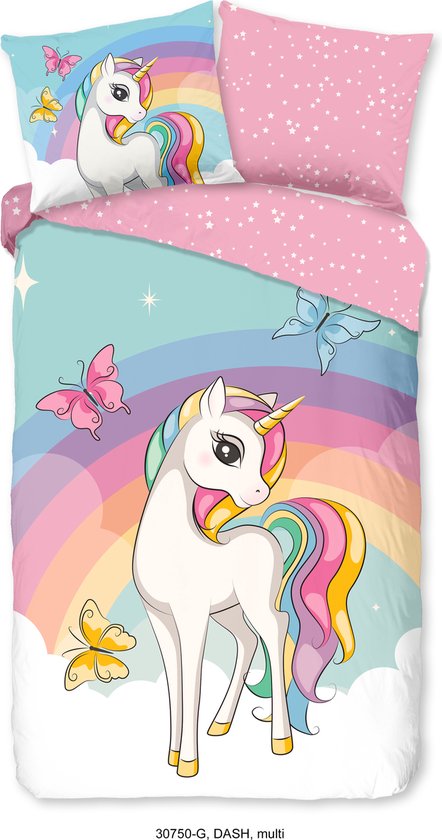 8717285220000 - Kinderbettbezug Einhorn und Regenbogen - Multi - (140x200 220 cm) - Baumwolle