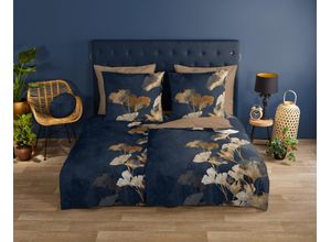 8717285221878 - Wendebettwäsche GOOD MORNING Premium Bettwäsche Gr B L 155 cm x 220 cm 1 St 1 St Renforcé B L 80 cm x 80 cm blau (dunkelblau) 100% Baumwolle 135x200 Reißverschluss Wendeoptik Blätter Dunkel