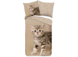 8717285222998 - Kinderbettwäsche GOOD MORNING Stripe kitty Bettwäsche Gr B L 135 cm x 200 cm (1 St) B L 80 cm x 80 cm (1 St) Biber-Flanell beige (sand) Bettwäsche 135x200 cm 100% Baumwolle Flanell (Biber)