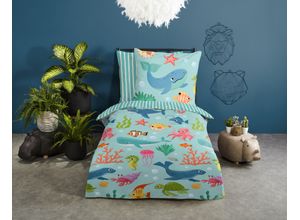 8717285226712 - Kinderbettwäsche GOOD MORNING Ocean Bettwäsche Gr B L 135 cm x 200 cm 1 St 1 St Renforcé B L 80 cm x 80 cm blau (aqua) Baumwolle 135x200 Reißverschluss Wendeoptik Kind Meer Tier Türkis