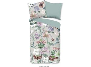 8717285229041 - Wendebettwäsche GOOD MORNING Fina Flowers Bettwäsche Gr B L 155 cm x 220 cm 1 St 1 St Renforcé B L 80 cm x 80 cm grün Baumwolle 135x200 Reißverschluss Wendeoptik Blumen Grau Grün