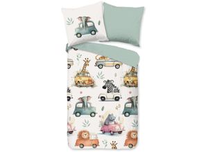 8717285230580 - Kinderbettwäsche GOOD MORNING Gogo Bettwäsche Gr B L 135 cm x 200 cm 1 St 1 St Renforcé B L 80 cm x 80 cm grün Baumwolle 135x200 Reißverschluss Wendeoptik Kind Junge Fahrzeuge