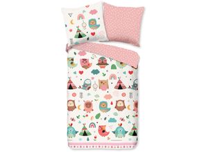 8717285230832 - Kinderbettwäsche GOOD MORNING Wise Bettwäsche Gr B L 135 cm x 200 cm 1 St 1 St Renforcé B L 80 cm x 80 cm rosa Baumwolle 135x200 Reißverschluss Wende Kind Mädchen Eule Rosa