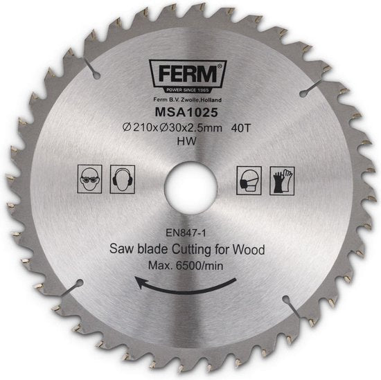 8717479002054 - FERM - MSA1025 - Sägeblatt - 210x30 18 16mm - T40 - TCT Zähne - Durchmesser - 210mm - Bohrung - 30mm - 18mm - 16mm - Universal - Zum Schneiden - Holz - Sehr geeignet für - Trennsägen - MSM1039 - MSM1037 - MSM1035 - MSM1034 - Sägetisch - TSM1035