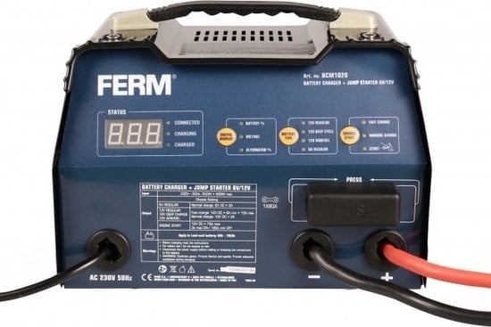 8717479043439 - FERM Batterieladegerät - BCM1020 - 3 Ladefunktionen - 18m Netzkabel - 15m Ladekabel - 12V Ausgang - 230V Leistung - 180 Ah - Inkl automatischer Schutz