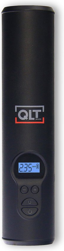 8717774694305 - QLT Wireless Air Compressor mit LED-Beleuchtung - Elektrische Pumpe - Inklusive USB-Ladekabel und 4 Aufsätze - 103 Bar - LCD-Display - Schwarz