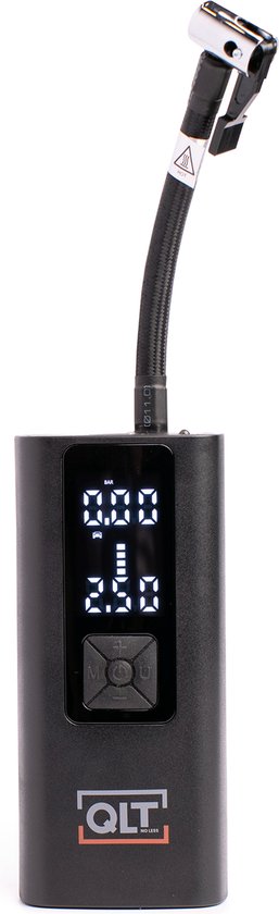 8717774695005 - QLT Cordless Air Compressor Pro und Powerbank in einem - 4 Aufsätze und USB-Ladekabel im Lieferumfang enthalten - 103 Bar - mit LED-Beleuchtung - Schwarz