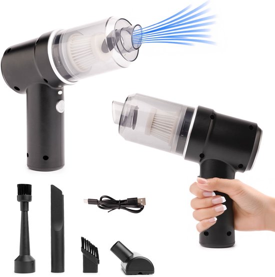 8717774695579 - QLT 2-in-1 kabelloser Mini-Staubsauger und Kompressor - Handstaubsauger mit HEPA-Filter - Inklusive 4 Aufsätzen - Wiederaufladbar über Ladestation - Schwarz